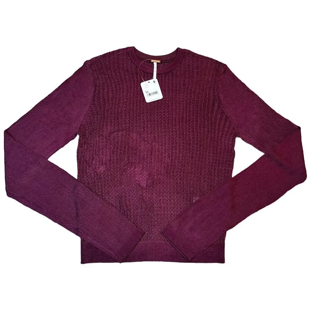 NWT FREE PEOPLE H2O Crew Raw Garnet Sheer Long Sleeves Size M (D-286)